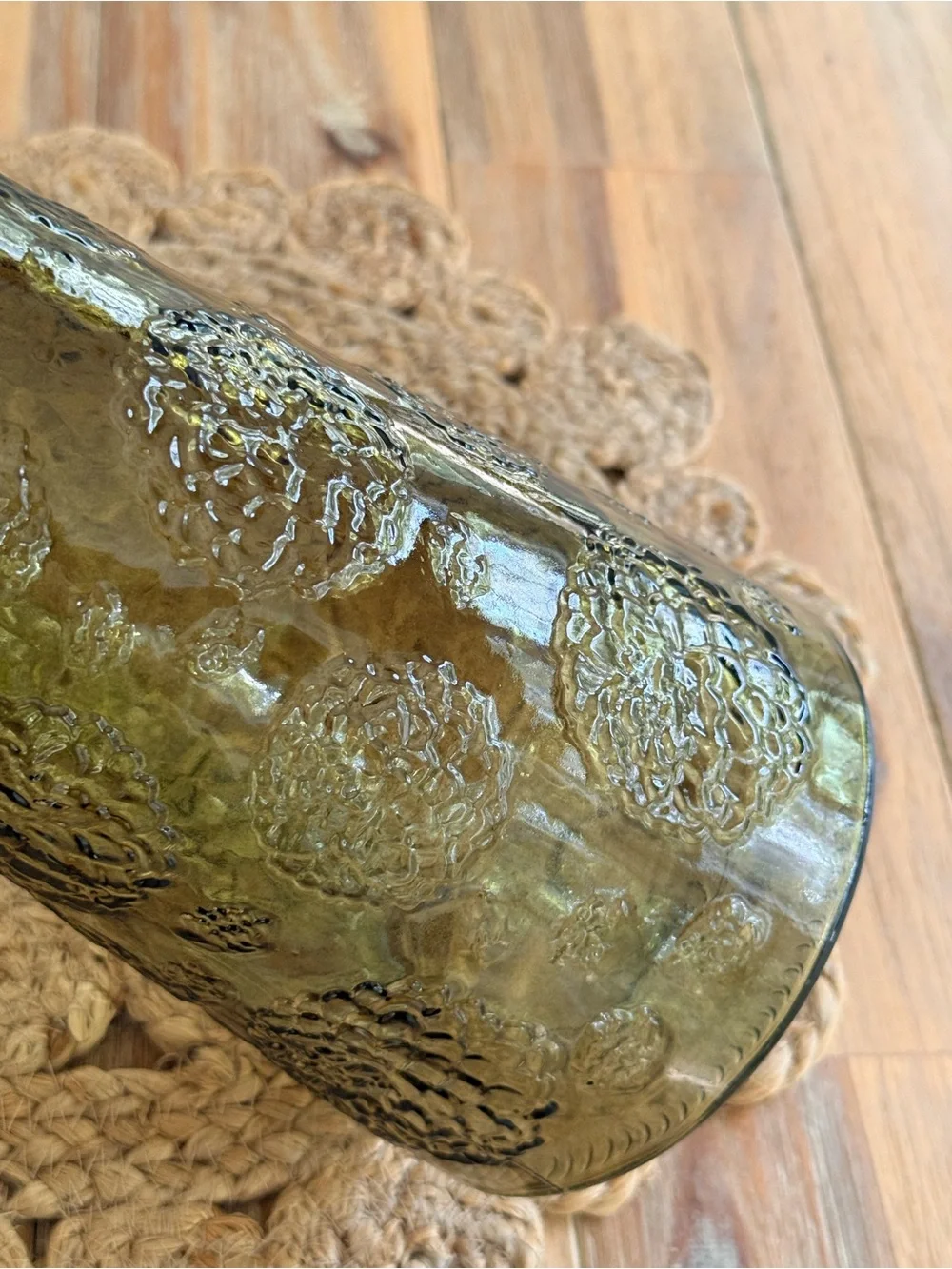 Vintage Olive Green Textured Glass Vase - Fenton Acorn 10”